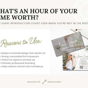 May include: A marketing graphic featuring the text WHAT'S AN HOUR OF YOUR TIME WORTH? and Reasons to Use: followed by a list of benefits. Two business card designs are displayed, one showing a kitchen interior and the other a person's photo.