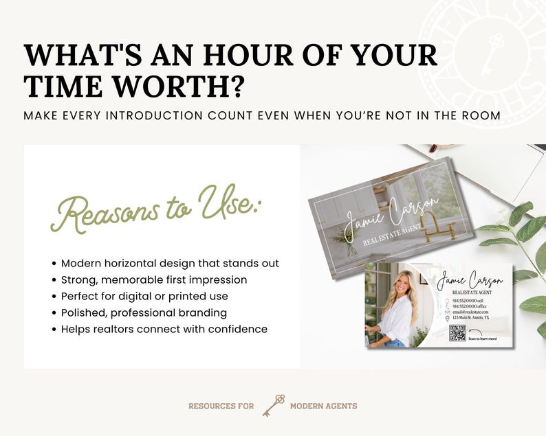 May include: A marketing graphic featuring the text WHAT'S AN HOUR OF YOUR TIME WORTH? and Reasons to Use: followed by a list of benefits. Two business card designs are displayed, one showing a kitchen interior and the other a person's photo.