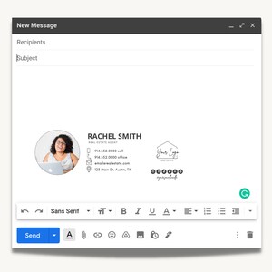 May include: A white email window with a new message being composed. The email signature includes a headshot of a woman, the name Rachel Smith, Real Estate Agent, phone numbers, email address, and physical address. The signature also includes a logo with the text "Your Logo" and a line of text that says "opensea.io/yourusername".