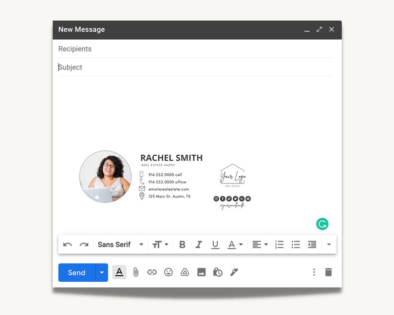 May include: A white email window with a new message being composed. The email signature includes a headshot of a woman, the name Rachel Smith, Real Estate Agent, phone numbers, email address, and physical address. The signature also includes a logo with the text "Your Logo" and a line of text that says "opensea.io/yourusername".