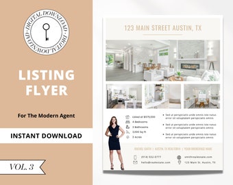 May include: A real estate listing flyer for a modern home with a white brick exterior. The flyer features photos of the home's interior, including the living room, kitchen, and dining room. The flyer also includes information about the home, such as the price, number of bedrooms and bathrooms, square footage, and acreage. The flyer is designed for a modern estate agent and includes the agent's contact information.