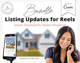 May include: A digital download bundle of animated listing reels for real estate agents. The image shows a phone screen displaying a "just listed" reel with a house image and text. The text "Listing Updates for Reels" and "Instant Download for Modern Realtors®" is also visible.