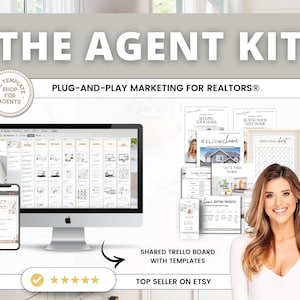 以下が含まれることがあります： 不動産業者向けのマーケティングリソースであるエージェントキットが、コンピューターモニターとスマートフォンに表示されています。画像には「Plug-and-Play Marketing for Realtors」と「Top Seller on Etsy」の文字が含まれています。