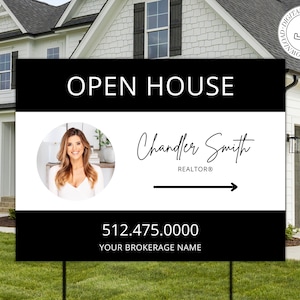 Real Estate Yard Open House Sign Template | For Sale Yard Sign | Customizable For Sale Signage | Open House Directional | Black Template