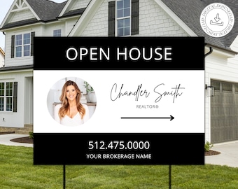 Real Estate Yard Open House Sign Template | For Sale Yard Sign | Customizable For Sale Signage | Open House Directional | Black Template