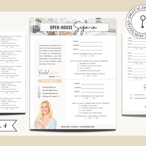 May include: A black and white open house sign-in sheet with a photo of a woman in the corner. The sheet includes a form with questions about the buyer's current real estate timeline, if they are working with a realtor, and their contact information. The sheet also includes the realtor's name, phone number, email address, and website. The text on the sheet reads "Open House Sign-in", "Congratulations on taking the first step of the home buying process! This timeline is a brief summary of the process for purchasing your home. Remember, I will be your Real Estate Agent. I will be there to ensure you feel confident during each step of the process."