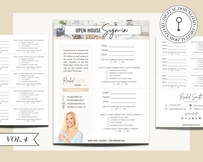 May include: A black and white open house sign-in sheet with a photo of a woman in the corner. The sheet includes a form with questions about the buyer's current real estate timeline, if they are working with a realtor, and their contact information. The sheet also includes the realtor's name, phone number, email address, and website. The text on the sheet reads "Open House Sign-in", "Congratulations on taking the first step of the home buying process! This timeline is a brief summary of the process for purchasing your home. Remember, I will be your Real Estate Agent. I will be there to ensure you feel confident during each step of the process."