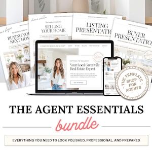 May include: A bundle of real estate agent essentials, including guides and presentations. The image features a laptop, smartphone, and printed materials with the text "The Agent Essentials bundle" and "Everything you need to look polished, professional, and prepared."