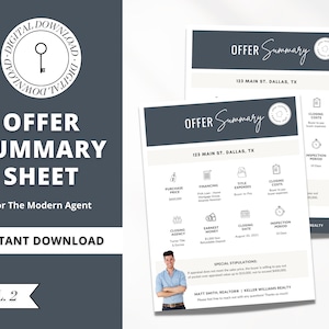 May include: A printable offer summary sheet template for real estate agents. The template features a modern design with a gray and white color scheme. The text "OFFER SUMMARY SHEET" is displayed in a large font at the top of the page. The template includes sections for purchase price, financing, title expenses, closing costs, closing agency, earnest money, closing date, and inspection period. The template also includes a section for special stipulations. The template is designed to be used by real estate agents to provide their clients with a clear and concise summary of the offer.