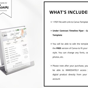May include: A digital printable flyer template for a real estate under contract timeline. The flyer is designed in Canva and includes a checklist of steps for the home buying process. The flyer features a photo of a woman in a white shirt and a gray background.