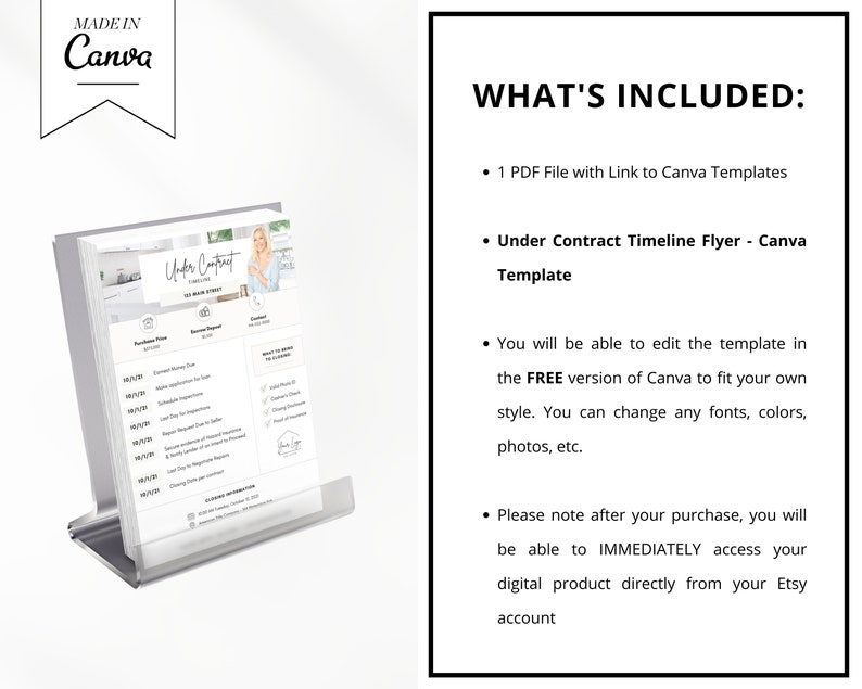May include: A digital printable flyer template for a real estate under contract timeline. The flyer is designed in Canva and includes a checklist of steps for the home buying process. The flyer features a photo of a woman in a white shirt and a gray background.
