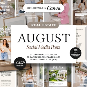 Plantillas de Canva para redes sociales inmobiliarias de agosto de 2026, paquete de contenido para publicaciones de Instagram y Facebook en Canva para agentes inmobiliarios, lujo de otoño