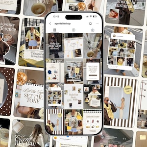 May include: A smartphone displaying an Instagram profile grid titled agentsiteshop, featuring a collection of lifestyle and business-themed images, text overlays, and aesthetic content layouts with a neutral color palette and various grid posts.
