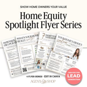 May include: Four flyers with a white background and gold accents. The flyers are titled "Downsize or Upgrade", "What's Your Home Really Worth!", "7 Smart Ways to Maximize Your Home's Value", and "Your Home's Hidden Value". The flyers are part of a "Home Equity Spotlight Flyer Series" for lead generation.