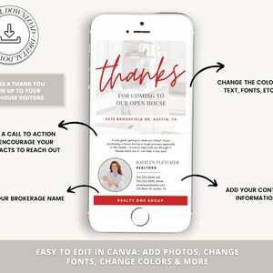 May include: A digital thank you card template for real estate agents. The template features a red "thanks" message, a photo of a house, and a realtor's contact information. The text "FOR COMING TO OUR OPEN HOUSE" is also included. The template is customizable with photos, text, fonts, and colors.