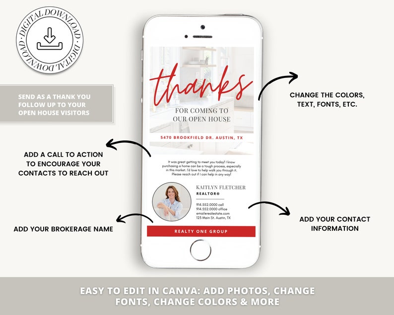 May include: A digital thank you card template for real estate agents. The template features a red "thanks" message, a photo of a house, and a realtor's contact information. The text "FOR COMING TO OUR OPEN HOUSE" is also included. The template is customizable with photos, text, fonts, and colors.