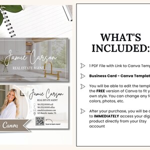 May include: A digital business card template for a real estate agent featuring two design layouts. One layout shows a kitchen interior, while the other includes a portrait space, contact details, and a QR code. Text includes WHAT'S INCLUDED.