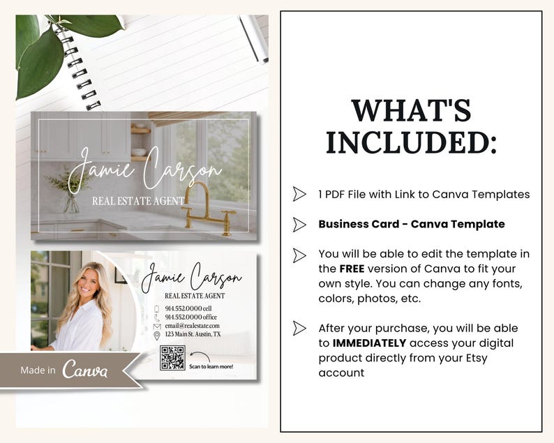 May include: A digital business card template for a real estate agent featuring two design layouts. One layout shows a kitchen interior, while the other includes a portrait space, contact details, and a QR code. Text includes WHAT'S INCLUDED.