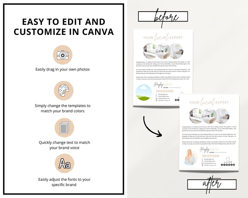 May include: A before and after image demonstrating how to personalise a real estate agent's marketing flyer using Canva. The flyer includes a photo of a real estate agent, a photo of a house, and the text "YOUR Local EXPERT".