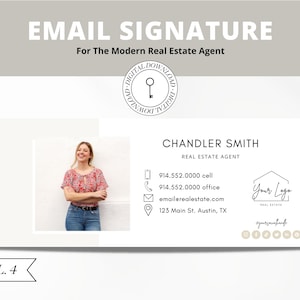 May include: Email signature template for a real estate agent. The template features a photo of a woman, contact information, and a logo with the text "Your Logo".
