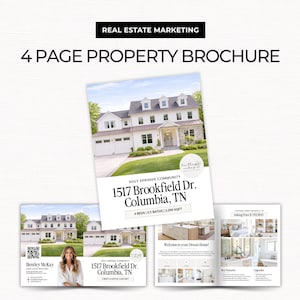 Op de afbeelding: Een vier pagina's tellende vastgoedbrochure voor vastgoedmarketing. De brochure toont een groot wit huis met een verzorgd gazon. Tekst bevat "1517 Brookfield Dr. Columbia, TN" en "4 slaapkamers / 3,5 badkamers / 297,3 m²".