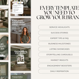 The image is a collage of various social media posts and images related to interior design and home improvement, including a woman posing in a living room, a city skyline, and a woman posing in a kitchen. The posts appear to be showcasing different design ideas, services, and products.