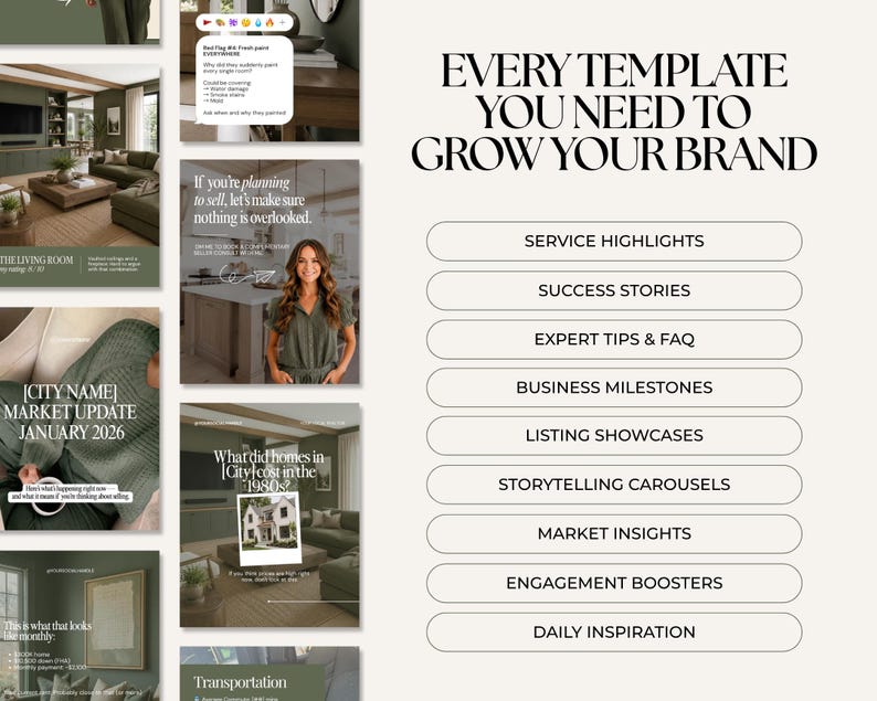 The image is a collage of various social media posts and images related to interior design and home improvement, including a woman posing in a living room, a city skyline, and a woman posing in a kitchen. The posts appear to be showcasing different design ideas, services, and products.