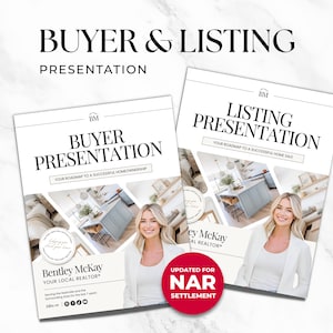 May include: Two white presentation documents with the text "BUYER & LISTING PRESENTATION". The "Buyer Presentation" document includes the text "Your Roadmap to a Successful Homeownership". The "Listing Presentation" document includes the text "Your Roadmap to a Successful Home Sale".