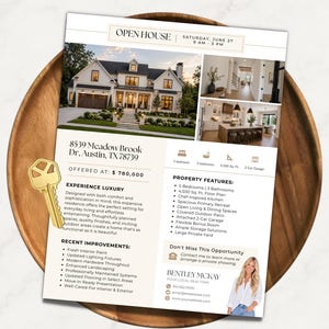 May include: A real estate open house flyer for 8539 Meadow Brook Dr, Austin, TX 78739, featuring a photo of a two-story house, interior kitchen, property details, and a gold-colored metal key resting on the left side of the paper document.