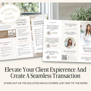 May include: A white and beige marketing brochure for a real estate agent. The brochure features a photo of the agent, testimonials, and a QR code. The text on the brochure reads "Marketing That Moves", "My Previous Marketing May Have Failed", "My Premium Marketing Plan", "Elevate Your Client Experience And Create A Seamless Transaction", and "Stand Out As The Solution While Others Just Add To The Noise".