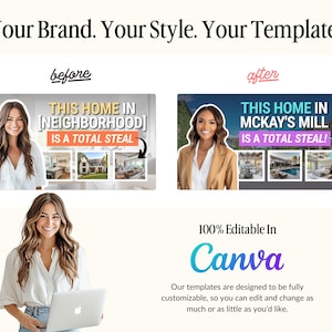 May include: Image showcasing real estate templates with the text "Your Brand. Your Style. Your Templates." The image includes before and after examples of a real estate listing, with the text "This Home In [Neighborhood] Is A Total Steal!" and "This Home In McKay's Mill Is A Total Steal!" Also includes the text "100% Editable In Canva."