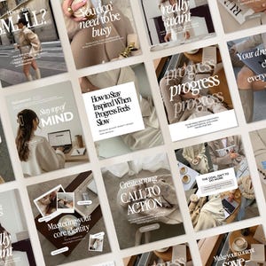 May include: A grid of social media templates featuring neutral-toned photography of people in professional attire, office settings, and coffee cups, overlaid with white serif and sans-serif typography including phrases like How to Start SMALL and Progress.