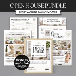 May include: A set of matching Canva templates for an open house bundle, including flyers, feedback forms, and guest registration sheets. The documents feature white backgrounds, black text, and interior design photos with the text Open House Bundle.