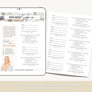May include: A digital tablet displaying a sign-in sheet for an open house. The sheet includes fields for name, phone number, email, and questions about the person's real estate timeline. The sheet also includes a photo of a realtor and contact information.