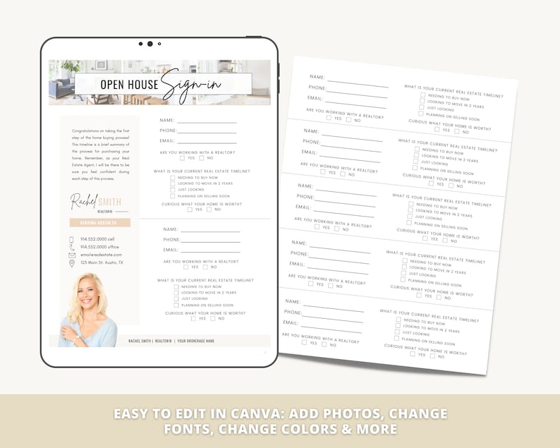 May include: A digital tablet displaying a sign-in sheet for an open house. The sheet includes fields for name, phone number, email, and questions about the person's real estate timeline. The sheet also includes a photo of a realtor and contact information.