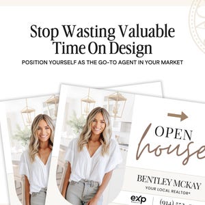 May include: An image featuring a real estate open house sign with the words "Open House" in a stylish script font. The sign also includes the realtor's name and contact information. The background includes a photo of a woman.
