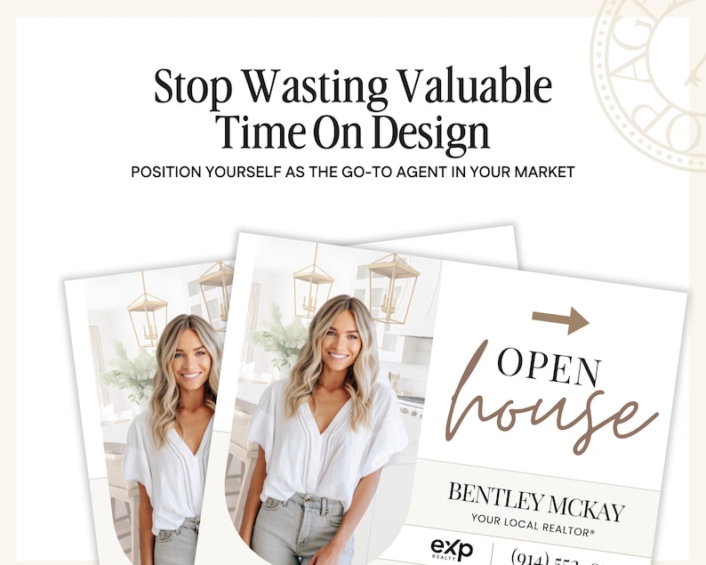 May include: An image featuring a real estate open house sign with the words "Open House" in a stylish script font. The sign also includes the realtor's name and contact information. The background includes a photo of a woman.