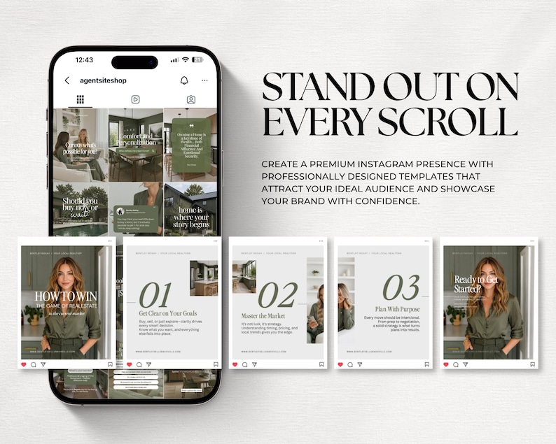 a smartphone displaying a social media app interface, along with four smaller images of the app's interface, each containing a different design element or feature. The text above the smartphone and the app interface states "Stand out on every scroll" and "Create a premium Instagram presence with professionally designed templates that attract your ideal audience and showcase your brand with confidence."