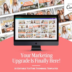 May include: A desktop computer displays a collection of YouTube thumbnail templates. The screen is surrounded by other images with text. The text on the screen reads "What can get you", "Nobody knows", and "Top 3 mistakes". The background is a coral color with the text "Your Marketing Upgrade Is Finally Here!"