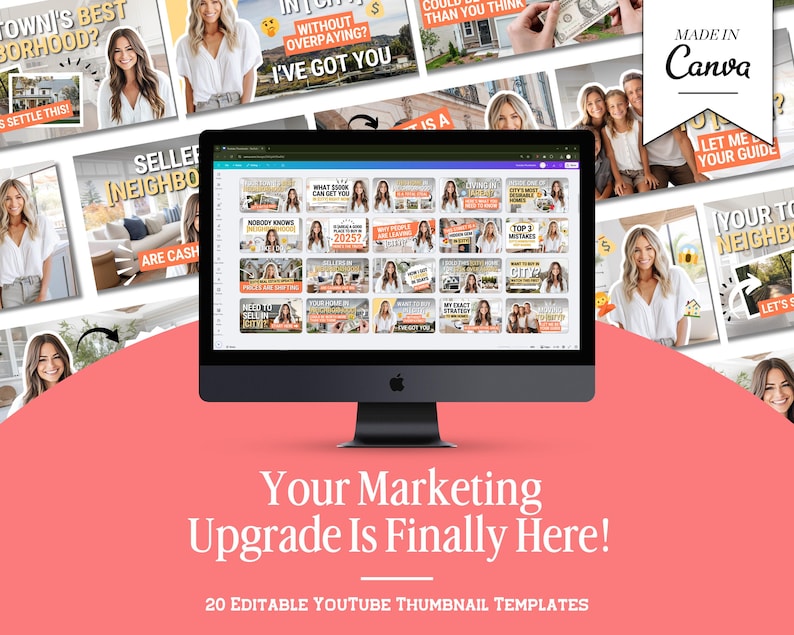 May include: A desktop computer displays a collection of YouTube thumbnail templates. The screen is surrounded by other images with text. The text on the screen reads "What can get you", "Nobody knows", and "Top 3 mistakes". The background is a coral color with the text "Your Marketing Upgrade Is Finally Here!"