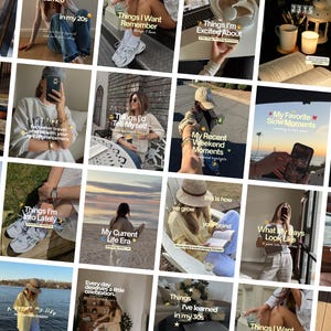 May include: A grid of twenty-five square photographs featuring lifestyle content, including outdoor scenery, casual outfits, travel snapshots, and interior settings, each overlaid with white text captions describing personal life moments.