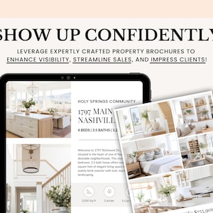 May include: A digital tablet displaying a real estate brochure for a 4 bedroom, 3.5 bathroom home in the Holy Springs community of Nashville. The brochure features photos of the home's interior and exterior, including a kitchen, living room, bedroom, and garden. The home is listed for &pound;595,000.