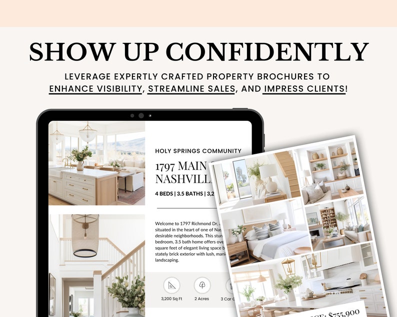 May include: A digital tablet displaying a real estate brochure for a 4 bedroom, 3.5 bathroom home in the Holy Springs community of Nashville. The brochure features photos of the home's interior and exterior, including a kitchen, living room, bedroom, and garden. The home is listed for &pound;595,000.