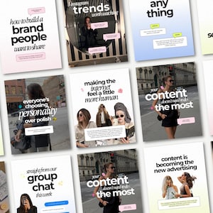May include: A collection of digital social media graphics featuring a grid background, black typography, and photographic elements. The text includes phrases like how to build a brand people want to share, making the internet feel a little more human, and content is becoming the new advertising.