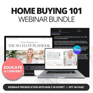 Może przedstawiać: Obraz marketingowy promujący "Home Buying 101 Webinar Bundle". Obraz przedstawia laptopa i komputer stacjonarny wyświetlające zawartość webinarium, z tekstem "Educate & Convert" na czerwonym okręgu.
