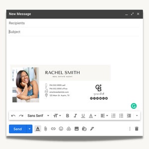 May include: Email signature with a photo of a woman, the text "RACHEL SMITH REAL ESTATE AGENT", contact information, and a logo with the initials "GB".