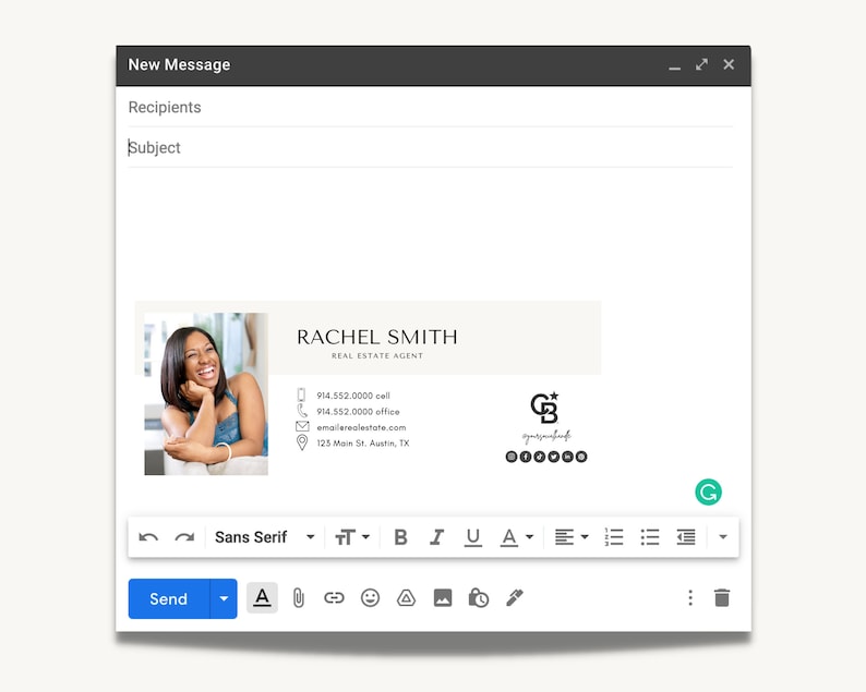 May include: Email signature with a photo of a woman, the text "RACHEL SMITH REAL ESTATE AGENT", contact information, and a logo with the initials "GB".