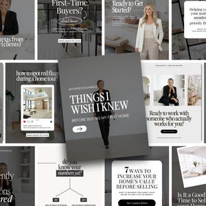 May include: A series of social media posts offering real estate advice. The posts feature a woman in a blazer, with text overlays providing tips for first-time buyers, home tours, and increasing home value. The posts are in shades of grey and white.
