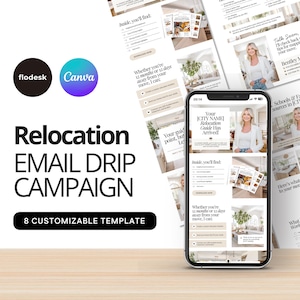 May include: A digital marketing image featuring a smartphone displaying a relocation guide, surrounded by printouts. The text reads "Relocation Email Drip Campaign" with "8 Customizable Template" and logos for Flodesk and Canva.