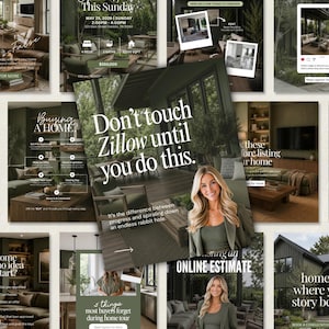 The image is a collage of various images related to real estate, including interior design, furniture, and a woman posing in a green outfit. The collage contains text and captions that provide information about the real estate services offered, such as online estimates and home tours. The overall layout and content suggest that the image is a promotional material for a real estate company, highlighting the importance of not touching the Zillow until you do this.